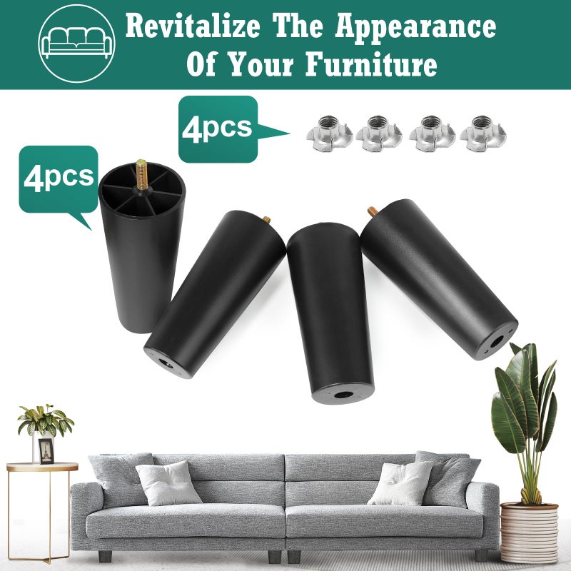 Masendelk 5-3/8 inch Plastic Furniture Legs, Round Tapered Table Legs Black Sofa Legs Replacement Legs with M8 Hanger Bolts for Couch Table Sofa, Pack of 4 - Image 4